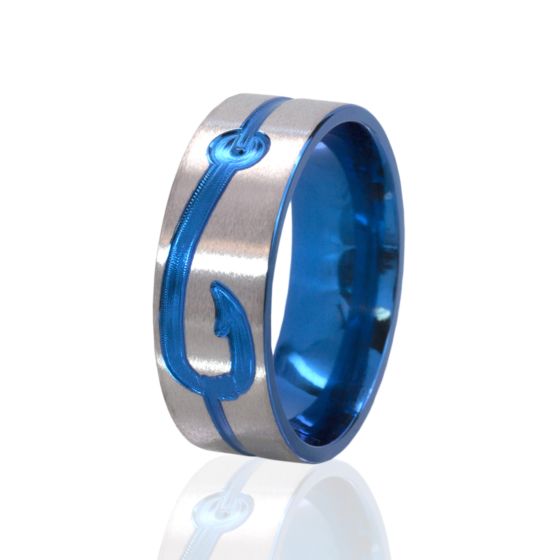 10mm Blue Anodized Fish Hook Ring: Custom Titanium Fishing Band – The Jewelry Source