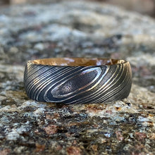 8mm Wide Damascus Steel Ring with a Whiskey Barrel Sleeve Handmade Wedding Band