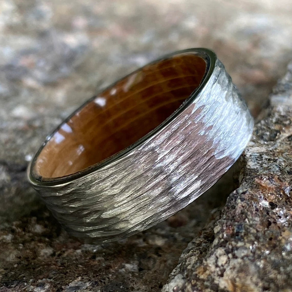 Whiskey Barrel Ring with Tree Bark Finish Custom Cobalt Wedding Band Mens Ring Mens Wedding Band USA Jewelry