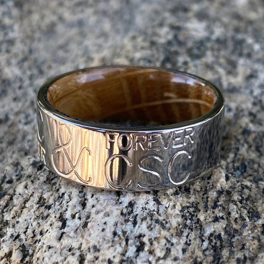 Personalized 8mm Duck Band With Whiskey Barrel Sleeve - USA Made Custom Wedding Bands & Rings