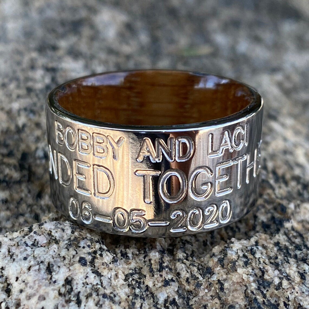 12mm Wide Personalized Duck Band With Whiskey Barrel Sleeve - USA Made Custom Wedding Bands & Rings