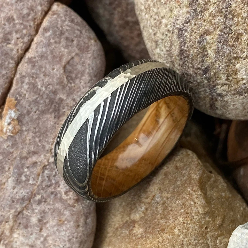 Mens Wedding Band Damascus Steel Ring Sterling Silver Inlay With Whiskey Barrel Sleeve Custom Wedding Rings