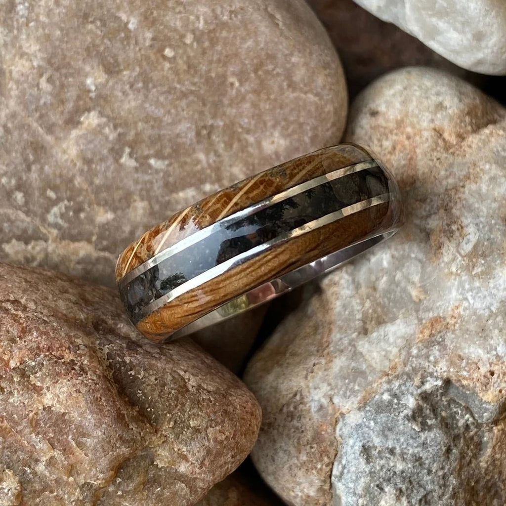 Mens Dinosaur Bone and Whiskey Barrel Ring, Custom Made Authentic Wedding Bands 8mm