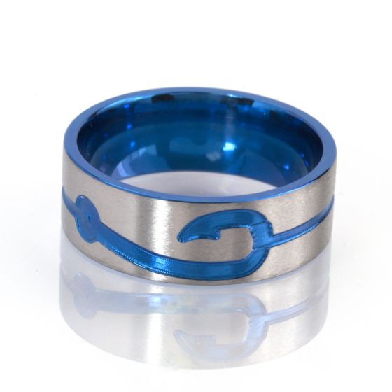 a fish hook ring 10mm Flat Titanium Ring with a Milled Fishhook Anodized in Blue, Men's