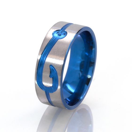 10mm Flat Titanium Ring with a Milled Fishhook Anodized in Blue, Men's 10mm Flat Titanium Ring with a Milled Fishhook Anodized in Blue, Men's