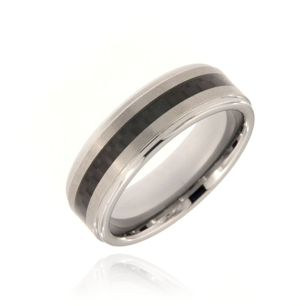 7mm Tungsten Carbide Men's Ring With Black Carbon Fiber Inlay, Brush Finish And High Polish Step Edge - FREE Personalization