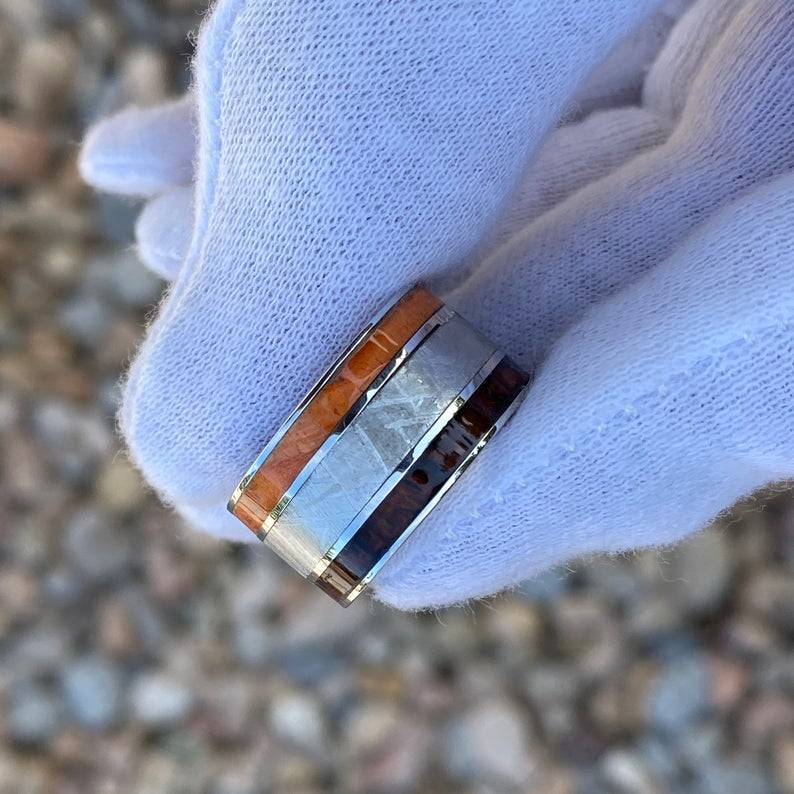 12mm Wide Gibeon Meteorite Ring with Orange Box Elder Burl and Arizona Ironwood Mens Rings