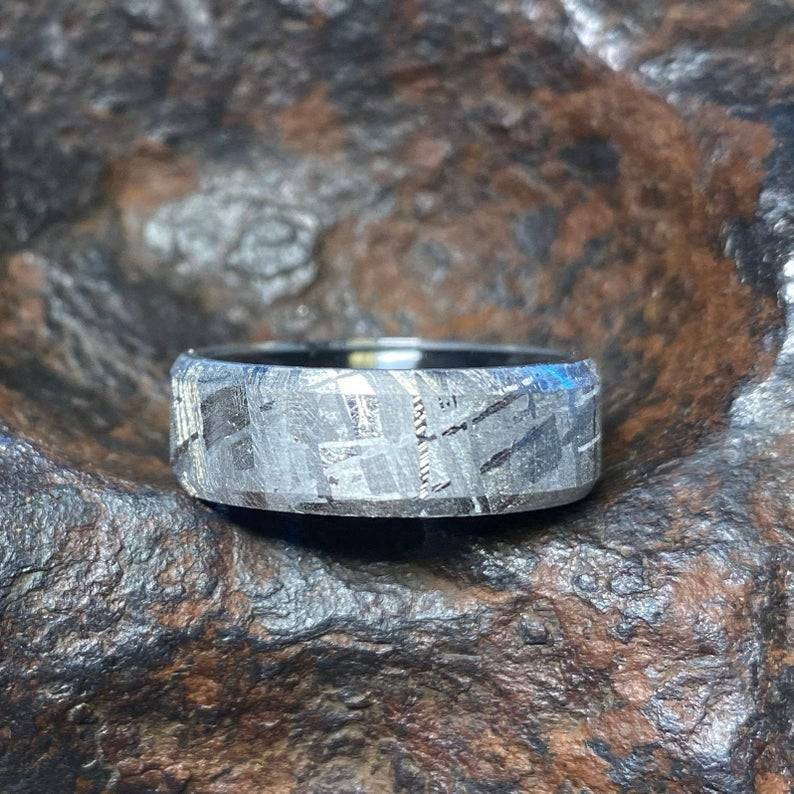 8mm Wide Authentic Meteorite Wedding Band with Black Titanium Sport Sleeve -Genuine Gibeon Meteorite Rings