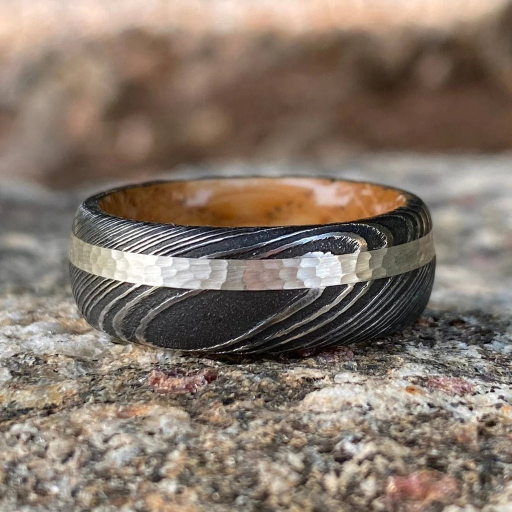 Mens Wedding Band Damascus Steel Ring Sterling Silver Inlay With Whiskey Barrel Sleeve Custom Wedding Rings