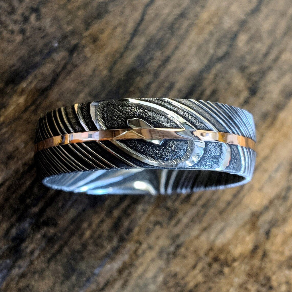 7mm Damascus Steel Ring with 14k Rose Gold Inlay - Men's Wedding Band