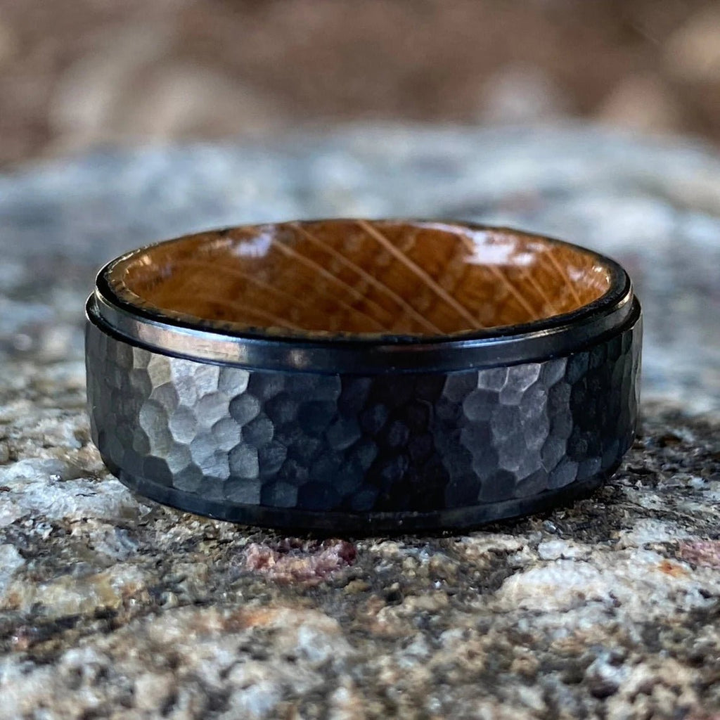 Men's Black Titanium Wedding Bands Hammered Finish Whiskey Rings