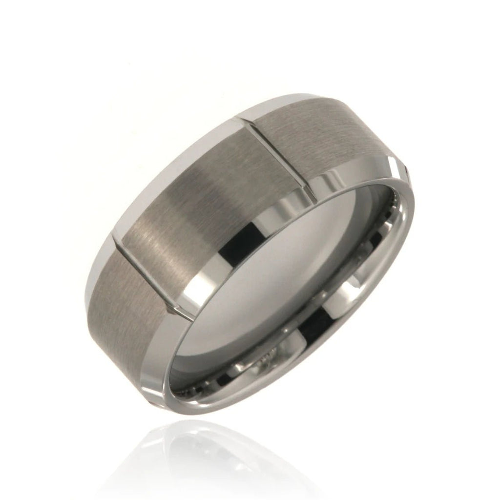 9mm Heavy Tungsten Carbide Men's Grey Ring, Grooved With Brush Finish and High Polish Beveled Edges - FREE Personalization