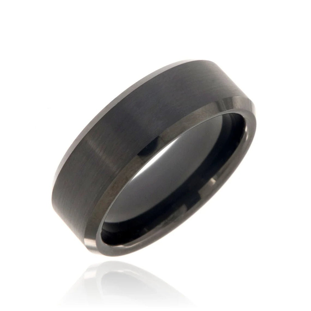 8mm Beveled Heavy Tungsten Carbide Ring With Black Finish & Free Personalization