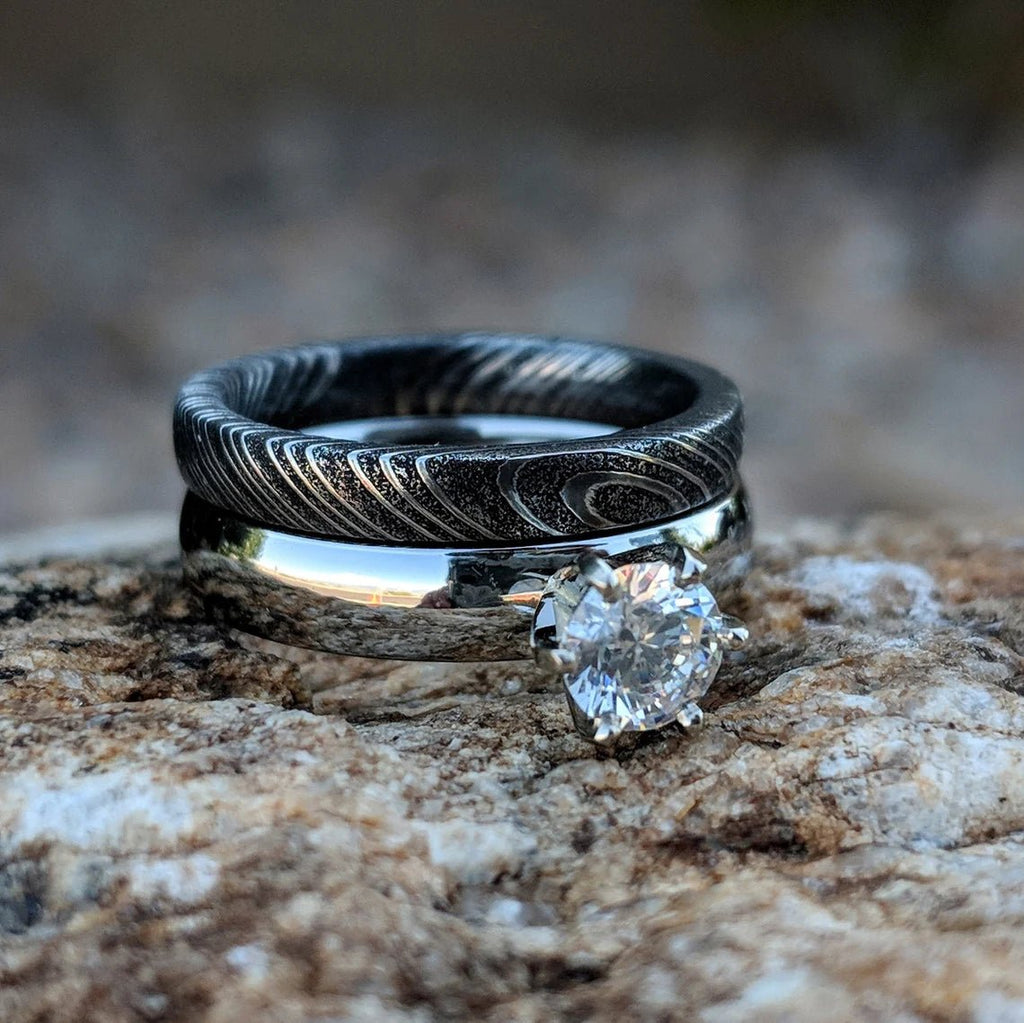 Damascus Steel Cobalt Chrome Engagement Ring- Damascus Wedding Bands