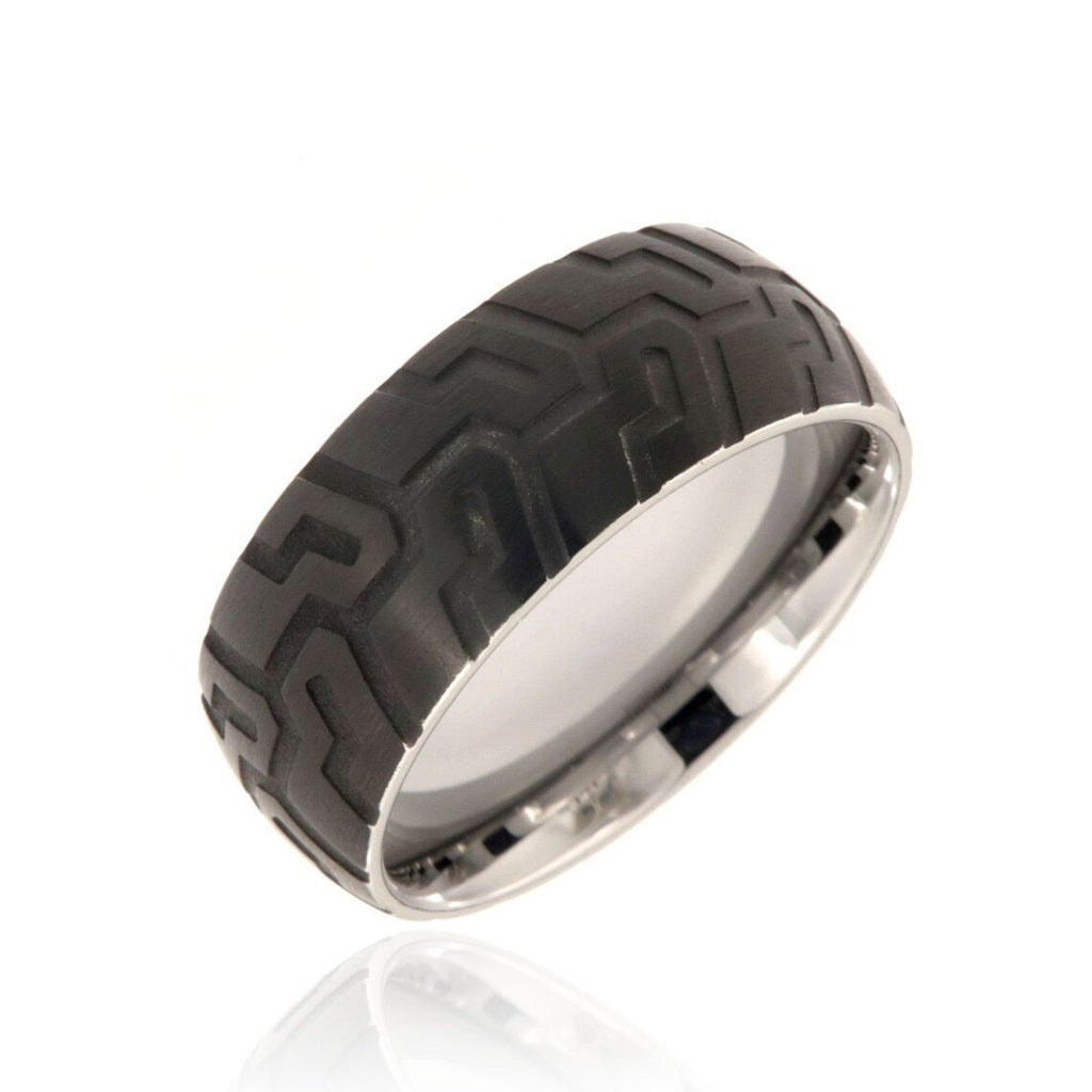 9mm Tungsten Carbide Men's Ring, Black Tire Tread Design, Brushed Finish - FREE Personalization