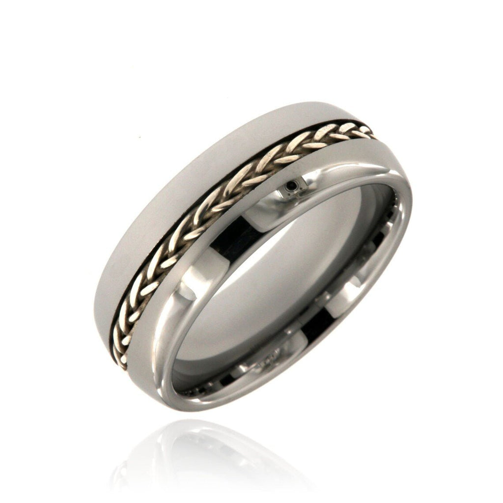 8mm Heavy Tungsten Carbide Men's Ring With High Polish Finish And Sterling Silver Braided Inlay - FREE Personalization