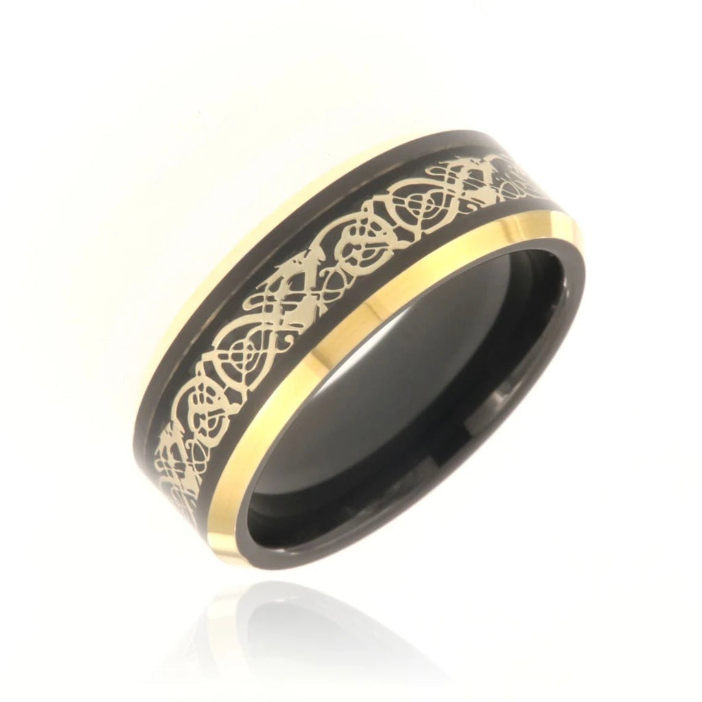 8mm Heavy Tungsten Carbide Men's Ring, Yellow & Black Celtic Earth Design, Two Tone High Polished - FREE Personalization