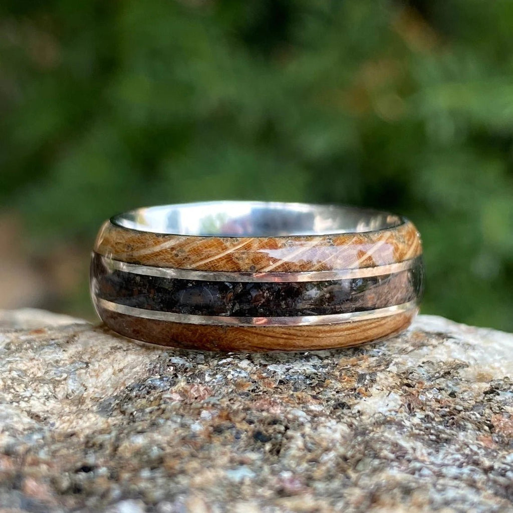 Mens Dinosaur Bone and Whiskey Barrel Ring, Custom Made Authentic Wedding Bands 8mm
