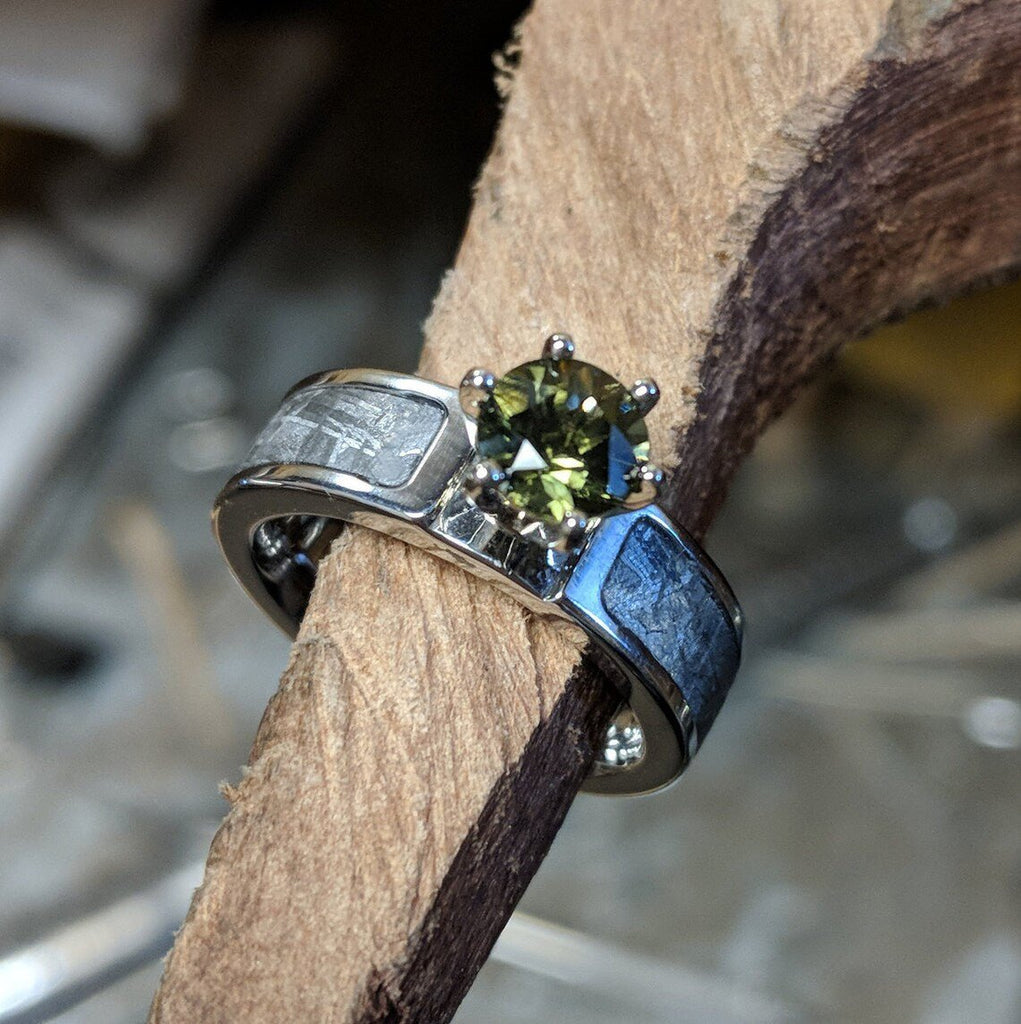 Authentic 6mm Wide Meteorite Engagement Ring with stunning Moldavite Round Center