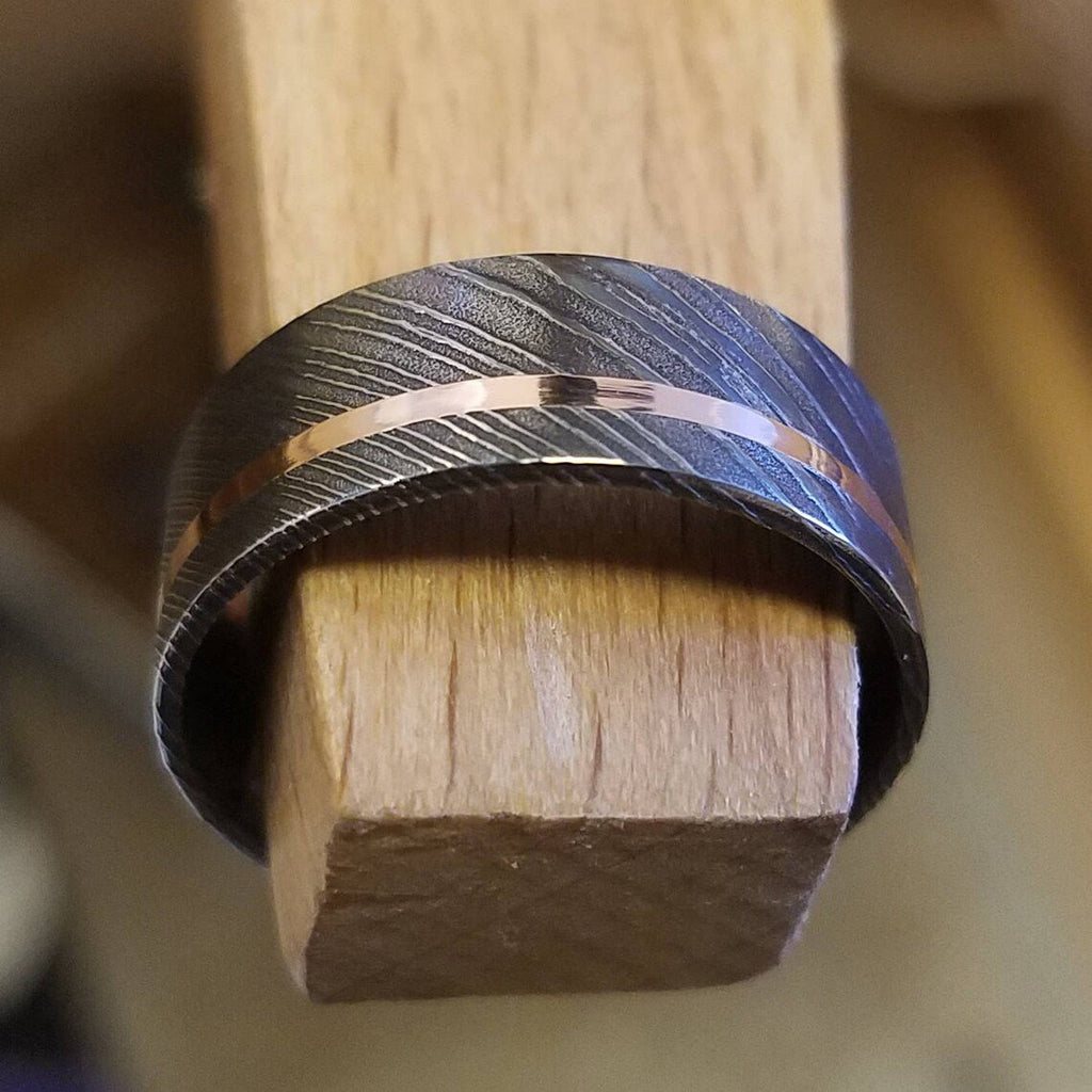 New 7mm Wide Damascus Steel Ring with 14k Solid Rose Gold Inlay