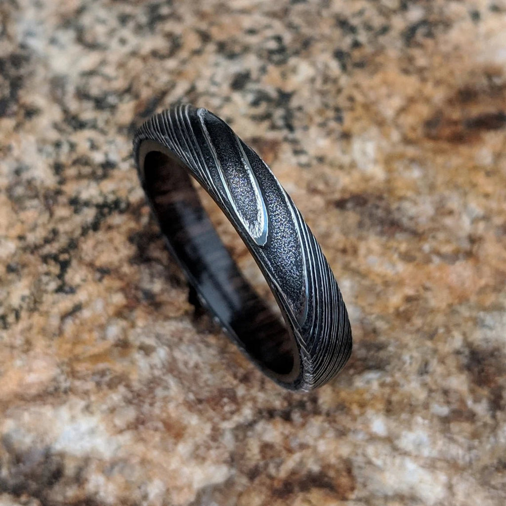 New 4mm Wide Damascus Steel Ring with Arizona Ironwood Sleeve,  Damascus Steel Band