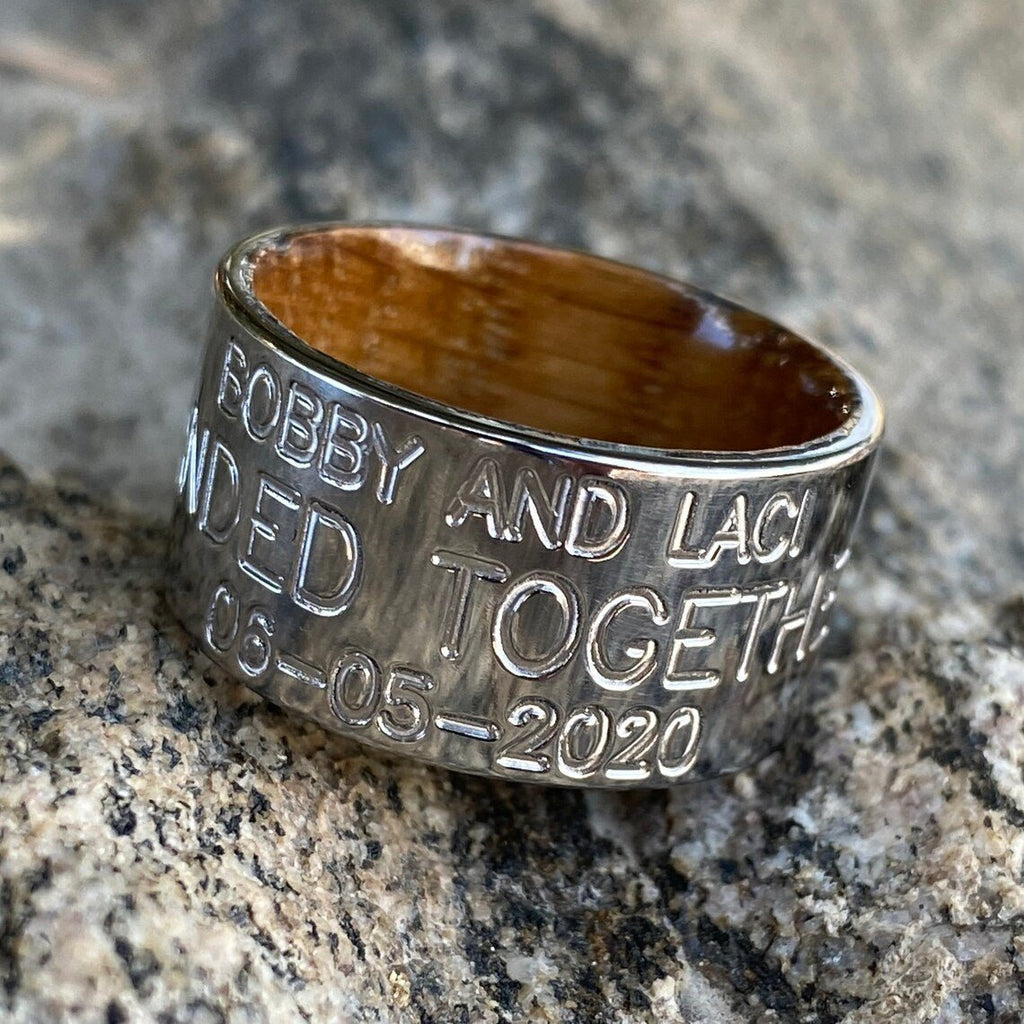12mm Wide Personalized Duck Band With Whiskey Barrel Sleeve - USA Made Custom Wedding Bands & Rings