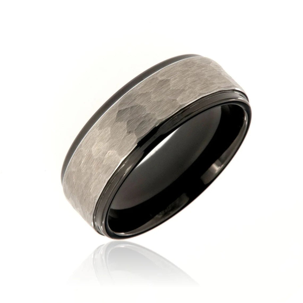 8mm Heavy Tungsten Carbide, Two Tone Men's Ring With Hammered Finish - FREE Personalization
