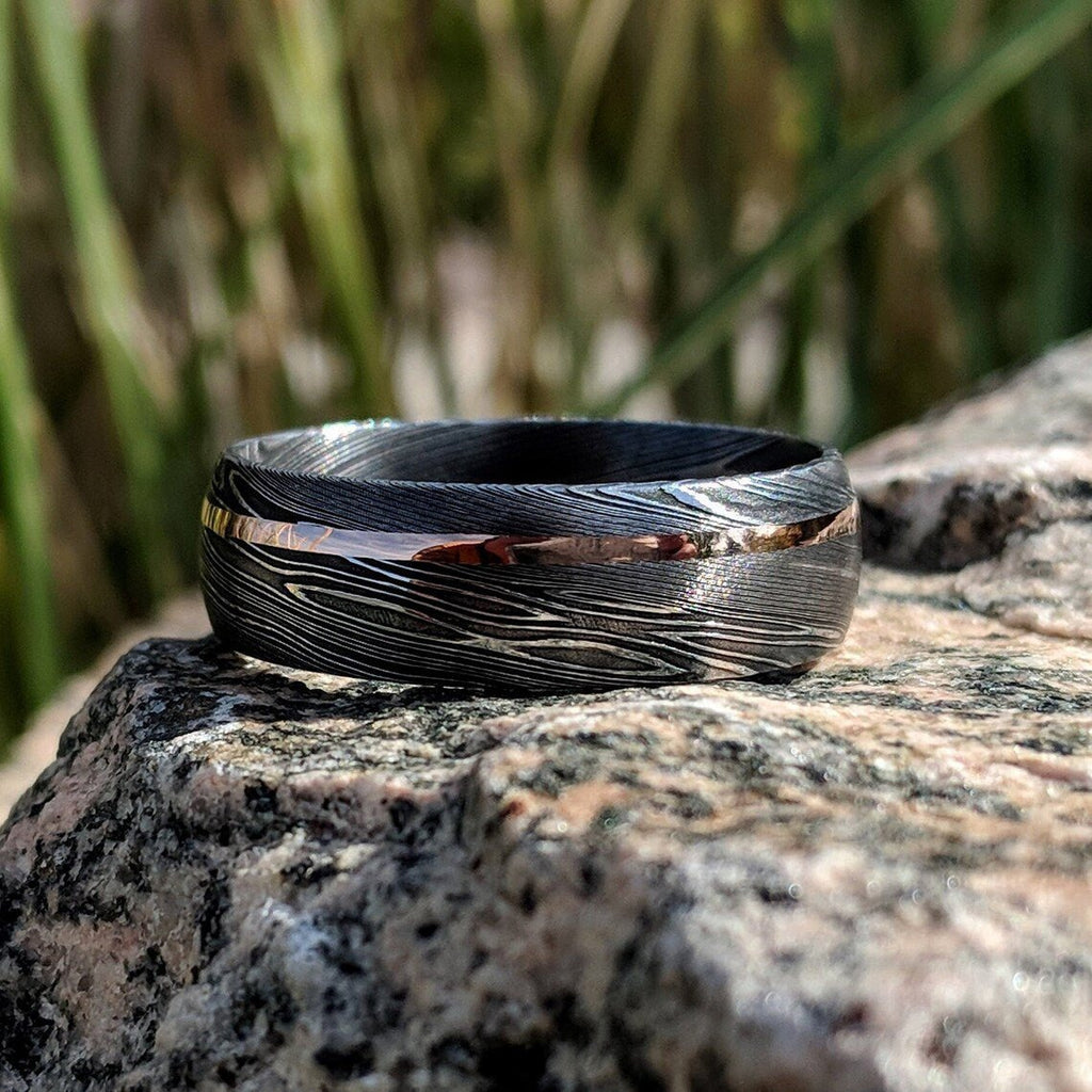 Authentic Damascus Steel Wedding Ring With 14k Rose Gold Inlay