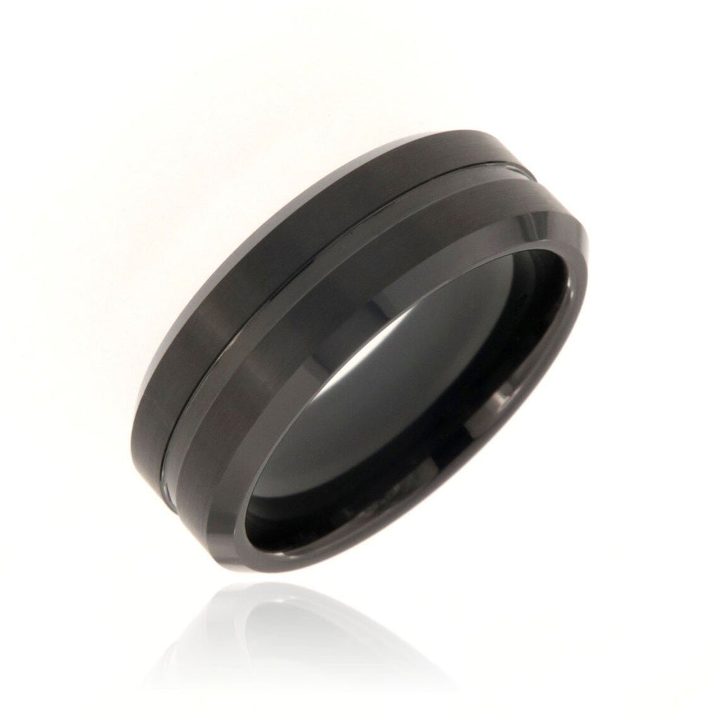 8mm Tungsten Carbide Men's Ring, Brush Finish With Polished Beveled Edges And Center Groove - FREE Personalization
