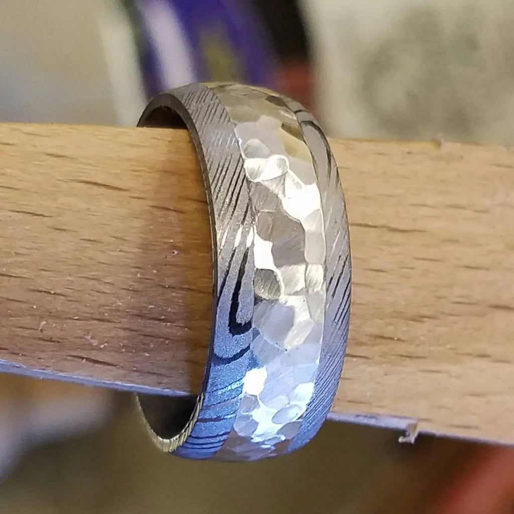 New 8mm Wide Damascus Steel Ring with a 4mm Wide Silver Inlay