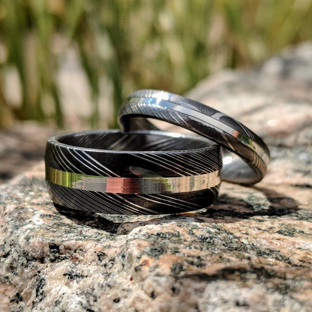 4mm and 8mm Wide Matching Damascus Steel Wedding Ring Set w/ Matching Sterling Silver Inlay