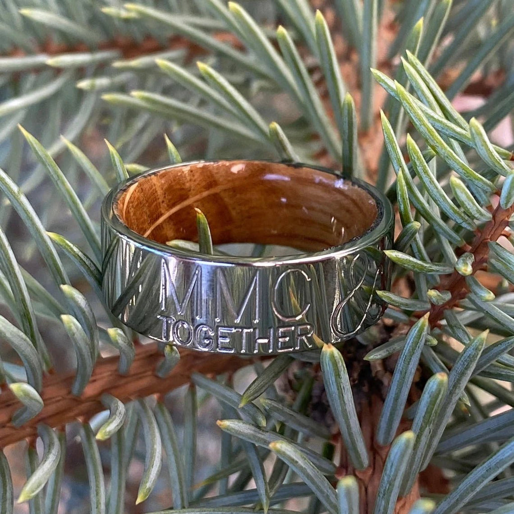 Personalized 8mm Duck Band With Whiskey Barrel Sleeve - USA Made Custom Wedding Bands & Rings