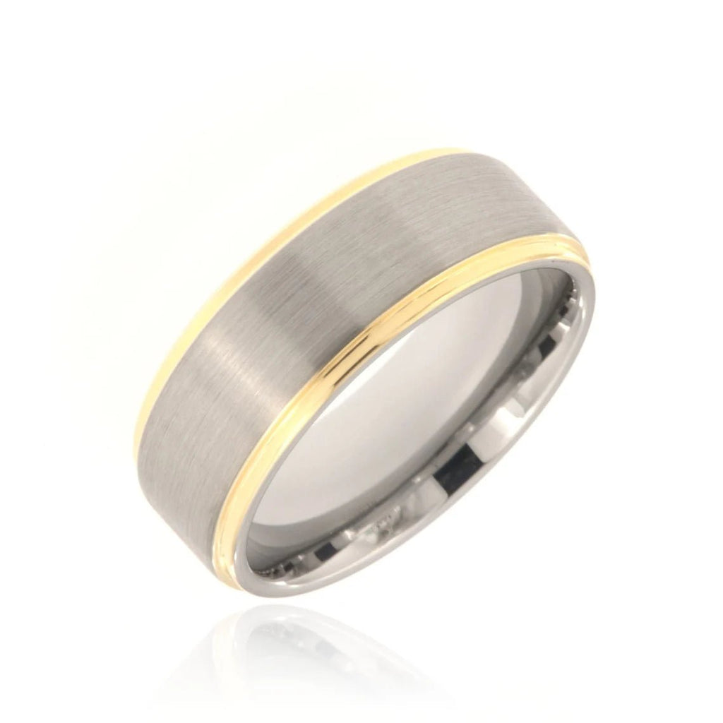 8mm Heavy Tungsten Carbide Men's Two Tone Ring, Grey Brush Band With Yellow Gold Step Edge - FREE Personalization