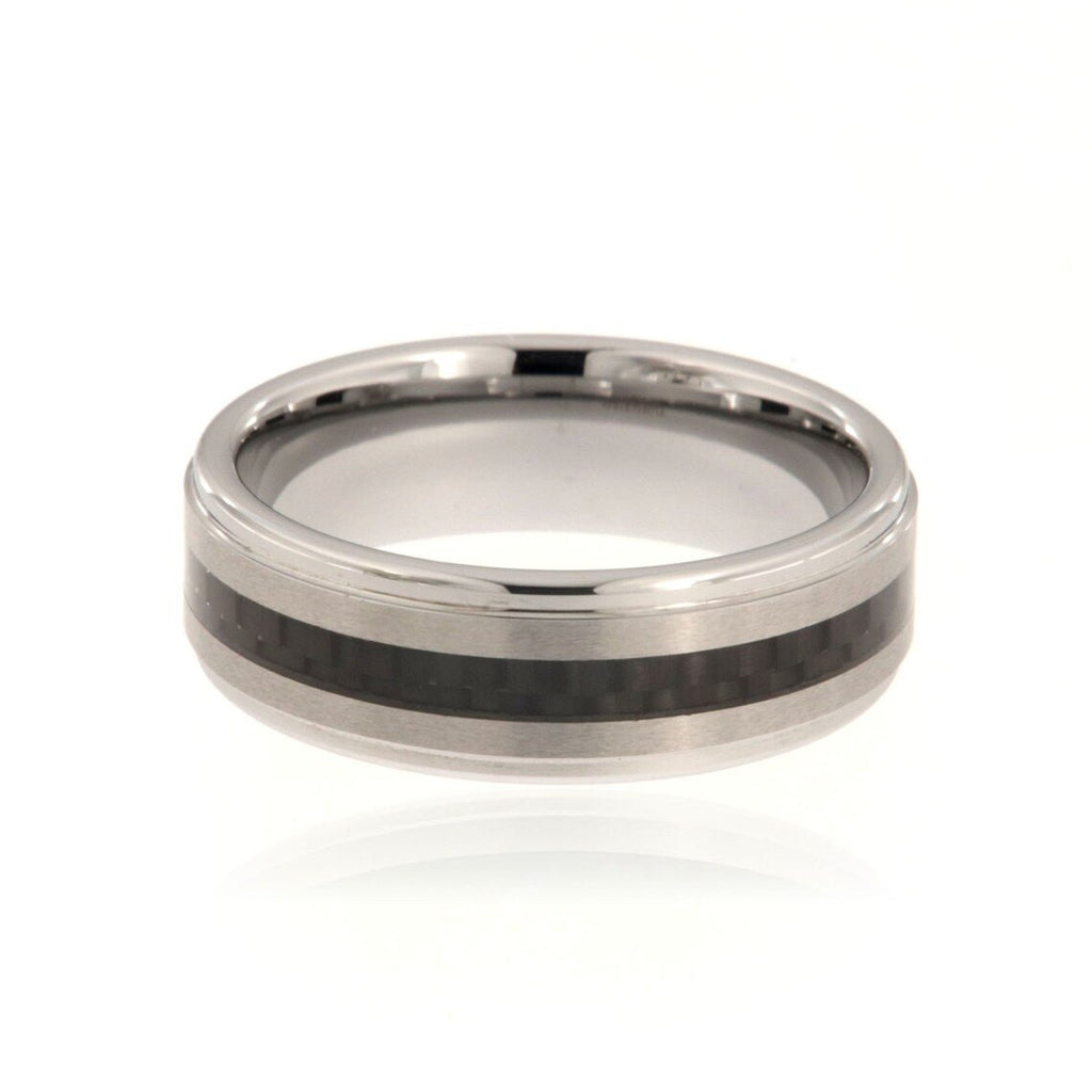 7mm Tungsten Carbide Men's Ring With Black Carbon Fiber Inlay, Brush Finish And High Polish Step Edge - FREE Personalization