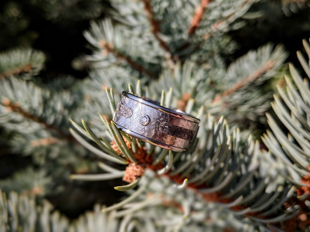 Gibeon Meteorite Titanium Ring,Custom Made Gibeon Meteorite Wedding Band with Inlaid Diamond & Ashes