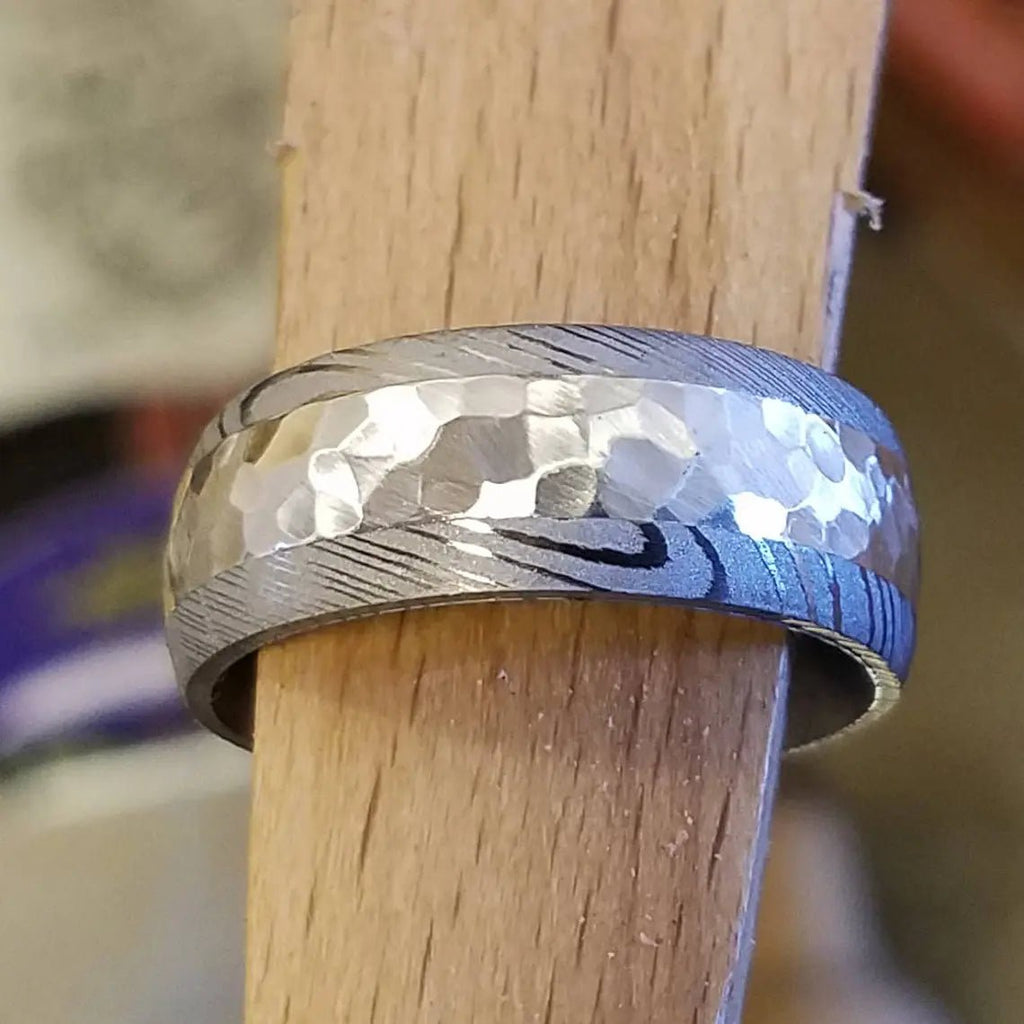 New 8mm Wide Damascus Steel Ring with a 4mm Wide Silver Inlay