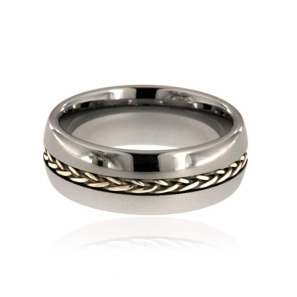 8mm Heavy Tungsten Carbide Men's Ring With High Polish Finish And Sterling Silver Braided Inlay - FREE Personalization