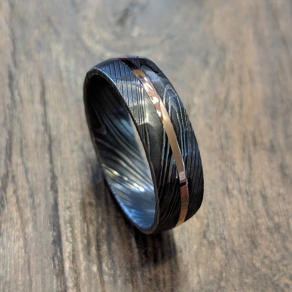 8mm Wide Hammered Damascus Steel Wedding Bands with 14k Solid Rose Gold Inlay
