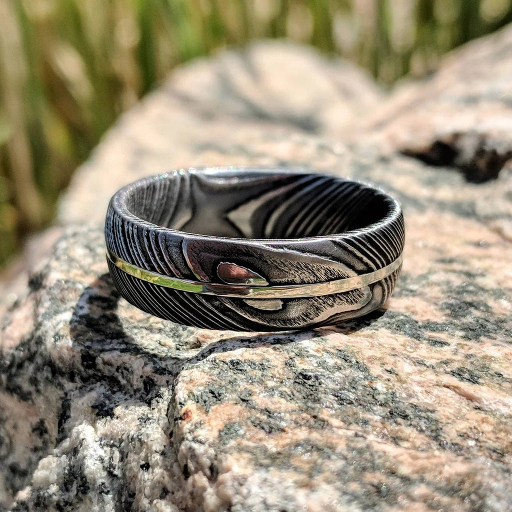 7mm Wide Damascus Steel Ring with 14k Solid White Gold Inlay
