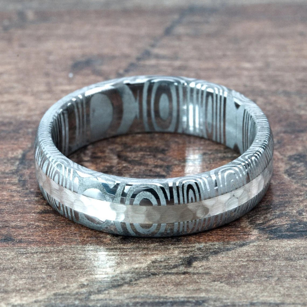 New 6mm Wide Damascus Steel Ring with Solid Silver Inlay, Damascus Wedding Band
