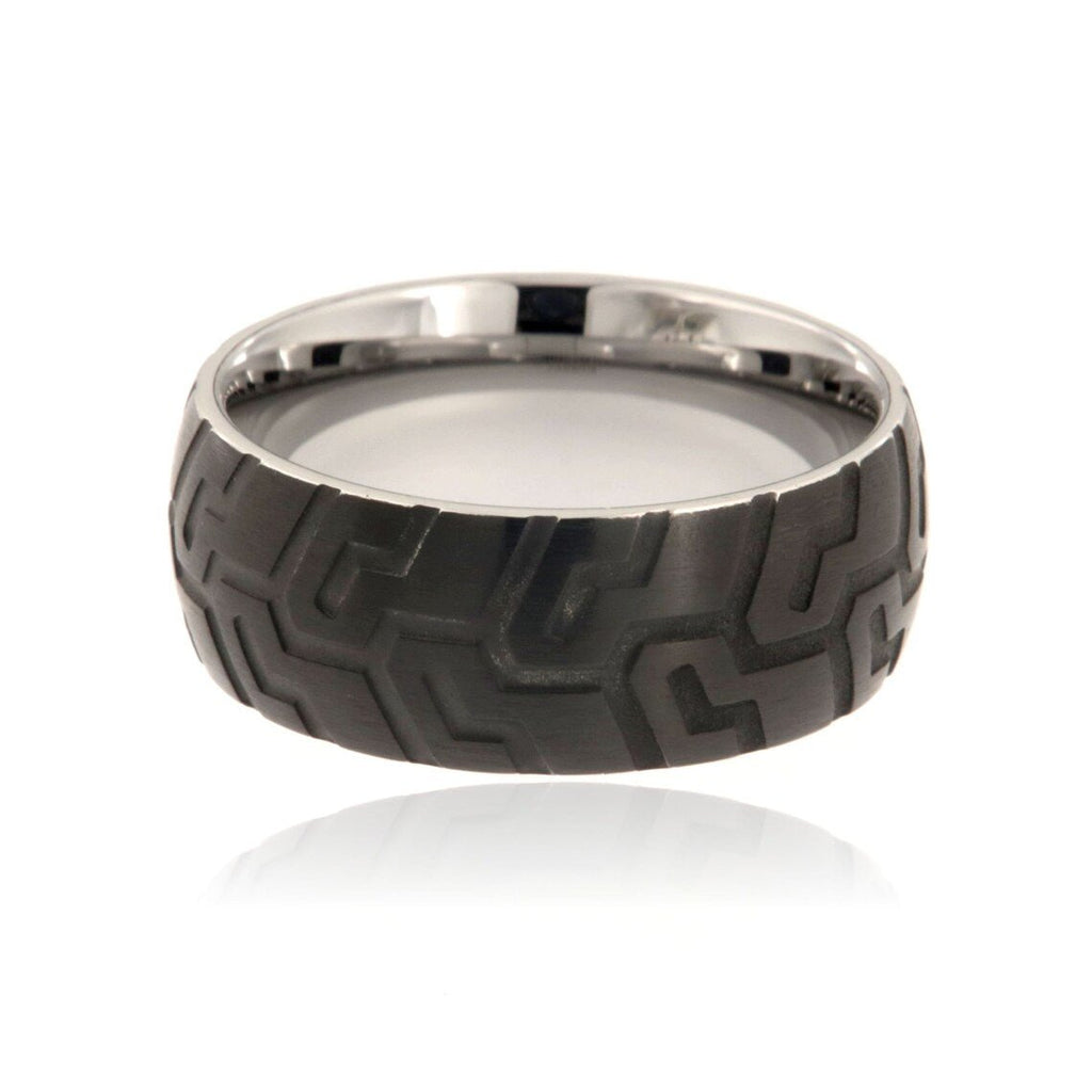 9mm Tungsten Carbide Men's Ring, Black Tire Tread Design, Brushed Finish - FREE Personalization