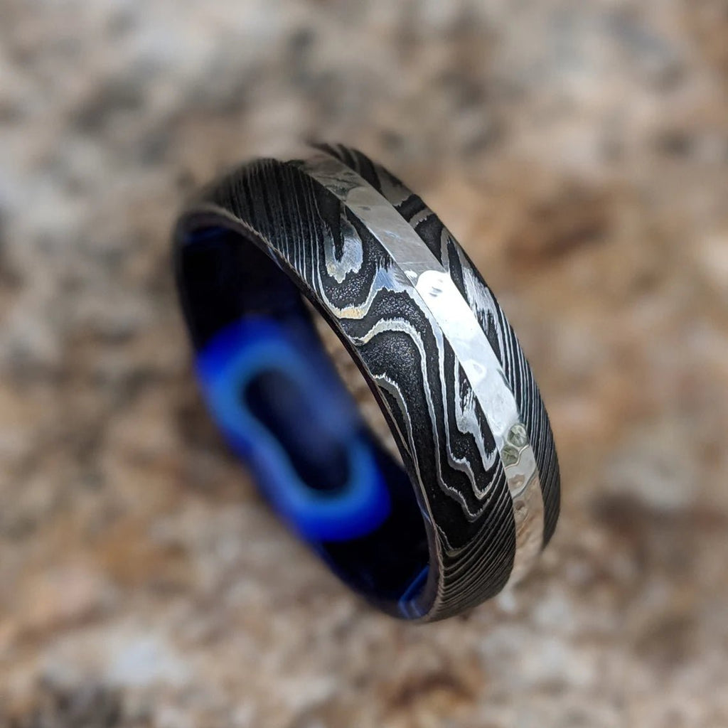14k White Gold Damascus Wedding Band With Inside Sapphire Blue Ocean Sleeve