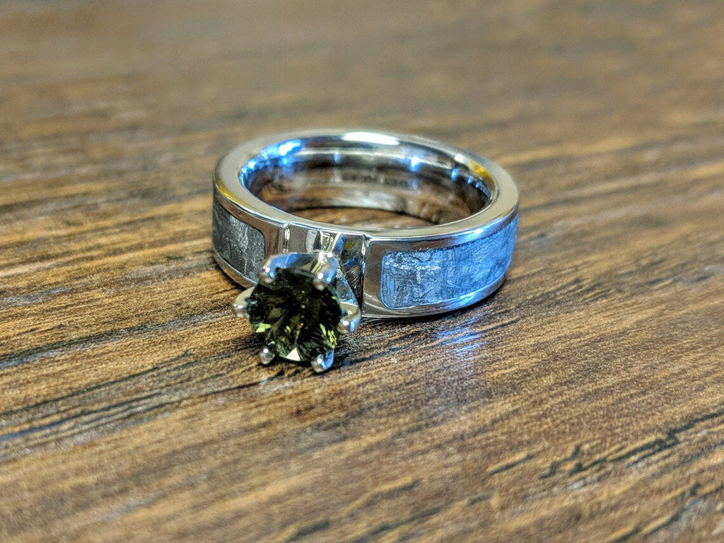 Authentic 6mm Wide Meteorite Engagement Ring with stunning Moldavite Round Center