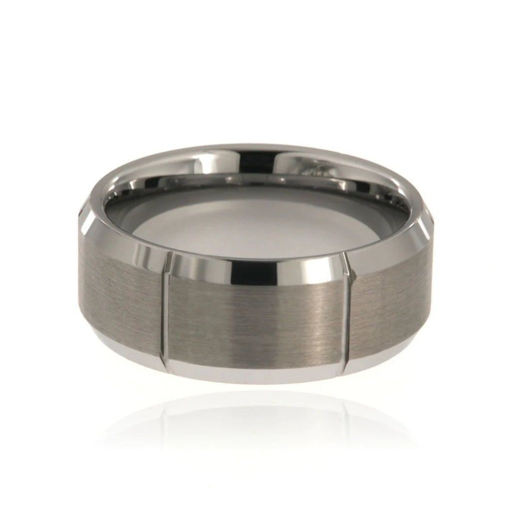9mm Heavy Tungsten Carbide Men's Grey Ring, Grooved With Brush Finish and High Polish Beveled Edges - FREE Personalization