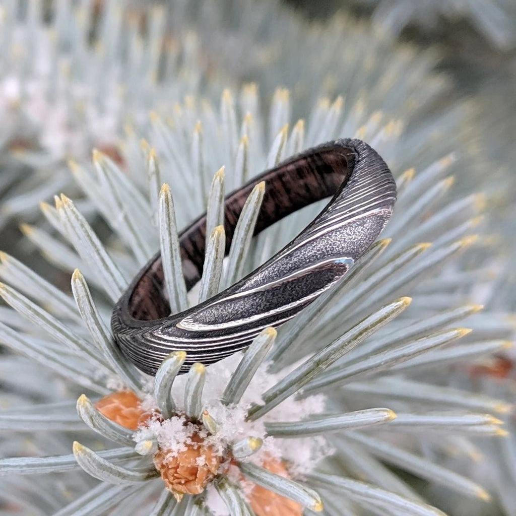 New 4mm Wide Damascus Steel Ring with Arizona Ironwood Sleeve,  Damascus Steel Band