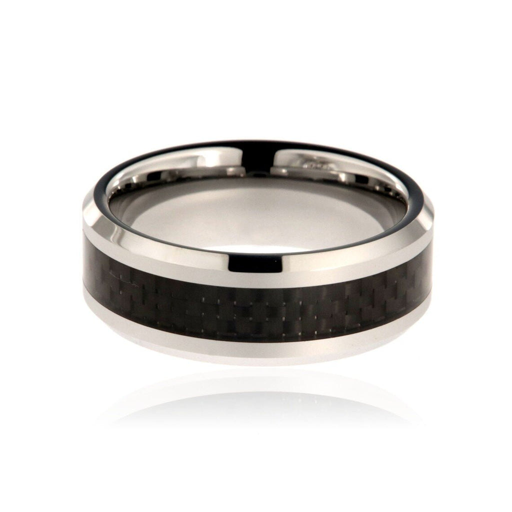 8mm Heavy Tungsten Carbide Men's Ring With Black Carbon Fiber Inlay, High Polish and Beveled Edge - FREE Personalization