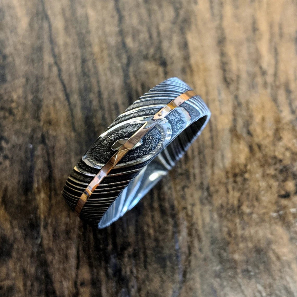 7mm Damascus Steel Ring with 14k Rose Gold Inlay - Men's Wedding Band