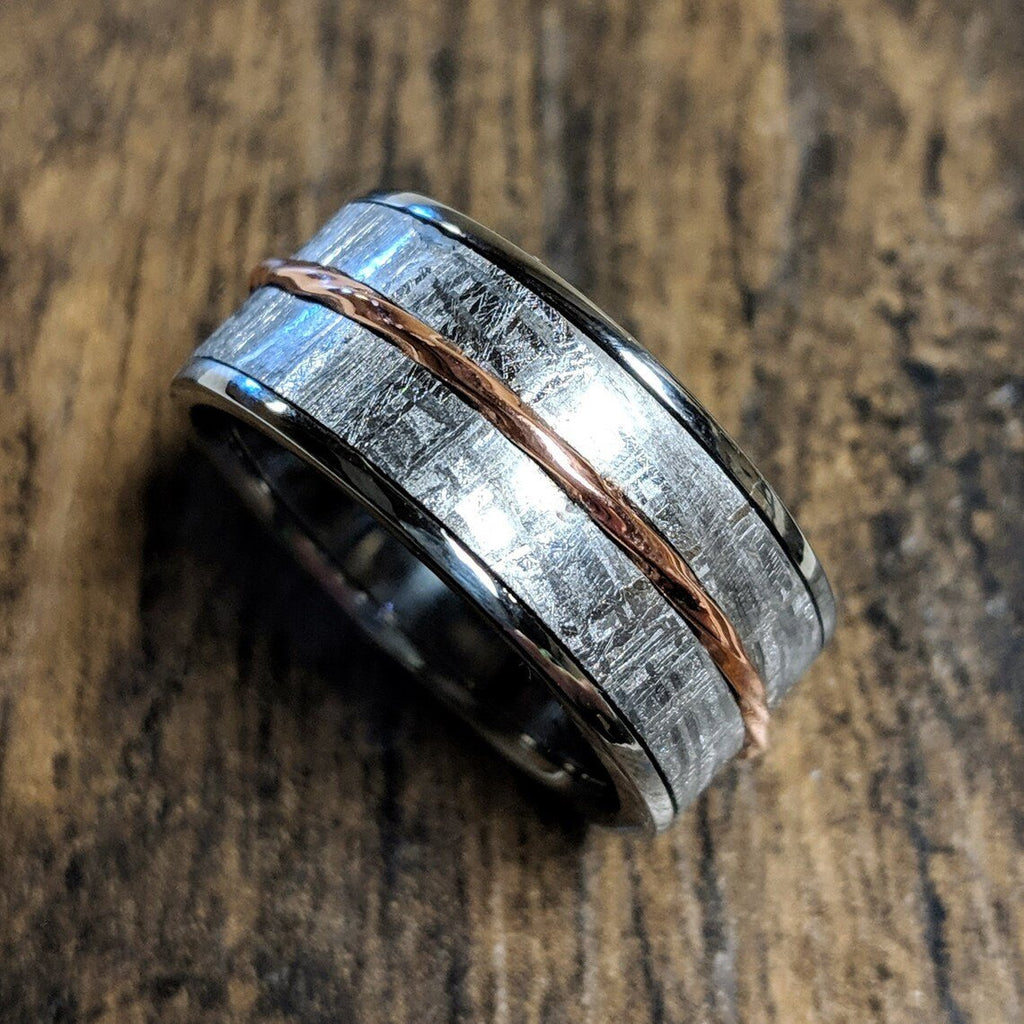 Gibeon Meteorite Ring 10mm Wide Groom's Wedding Band w/ 14k Rose Gold