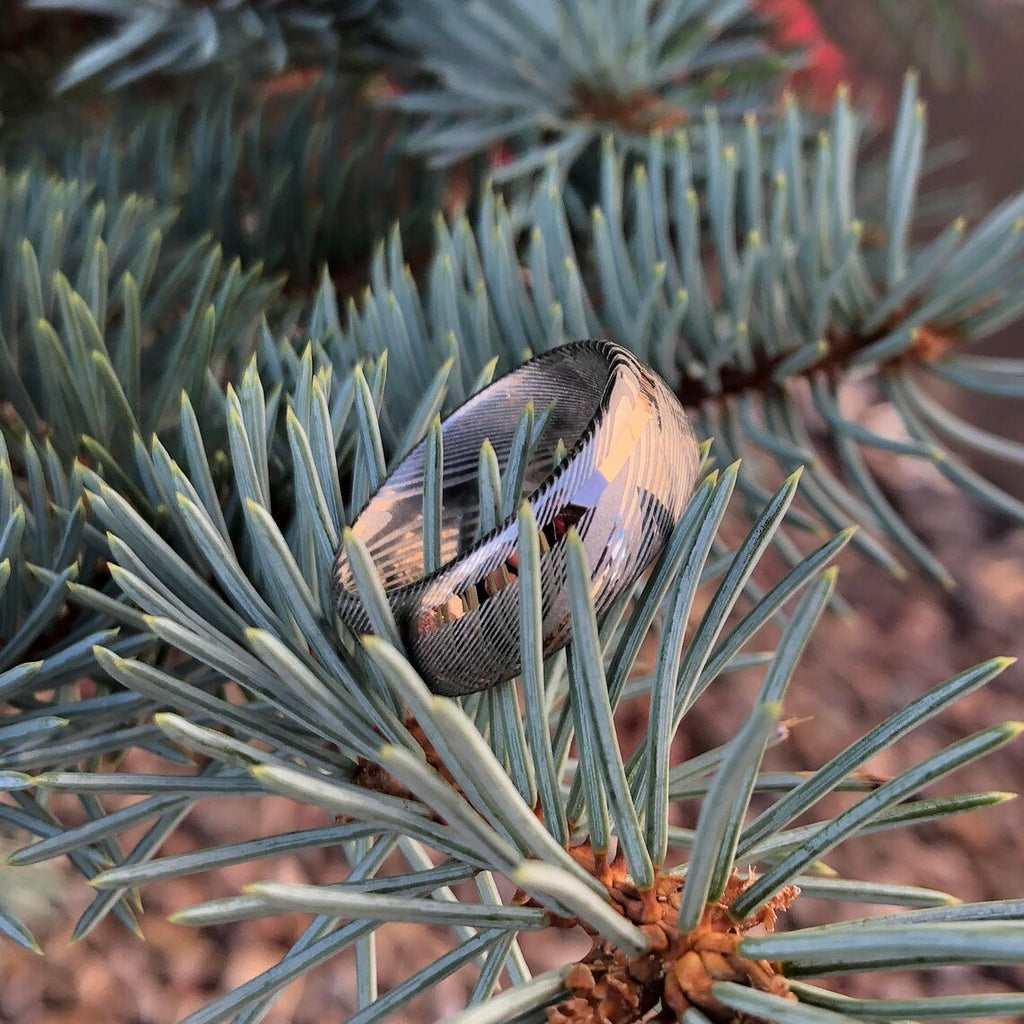 8mm Damascus Steel Ring with 14k Rose Gold Inlay - Men's Wedding Band
