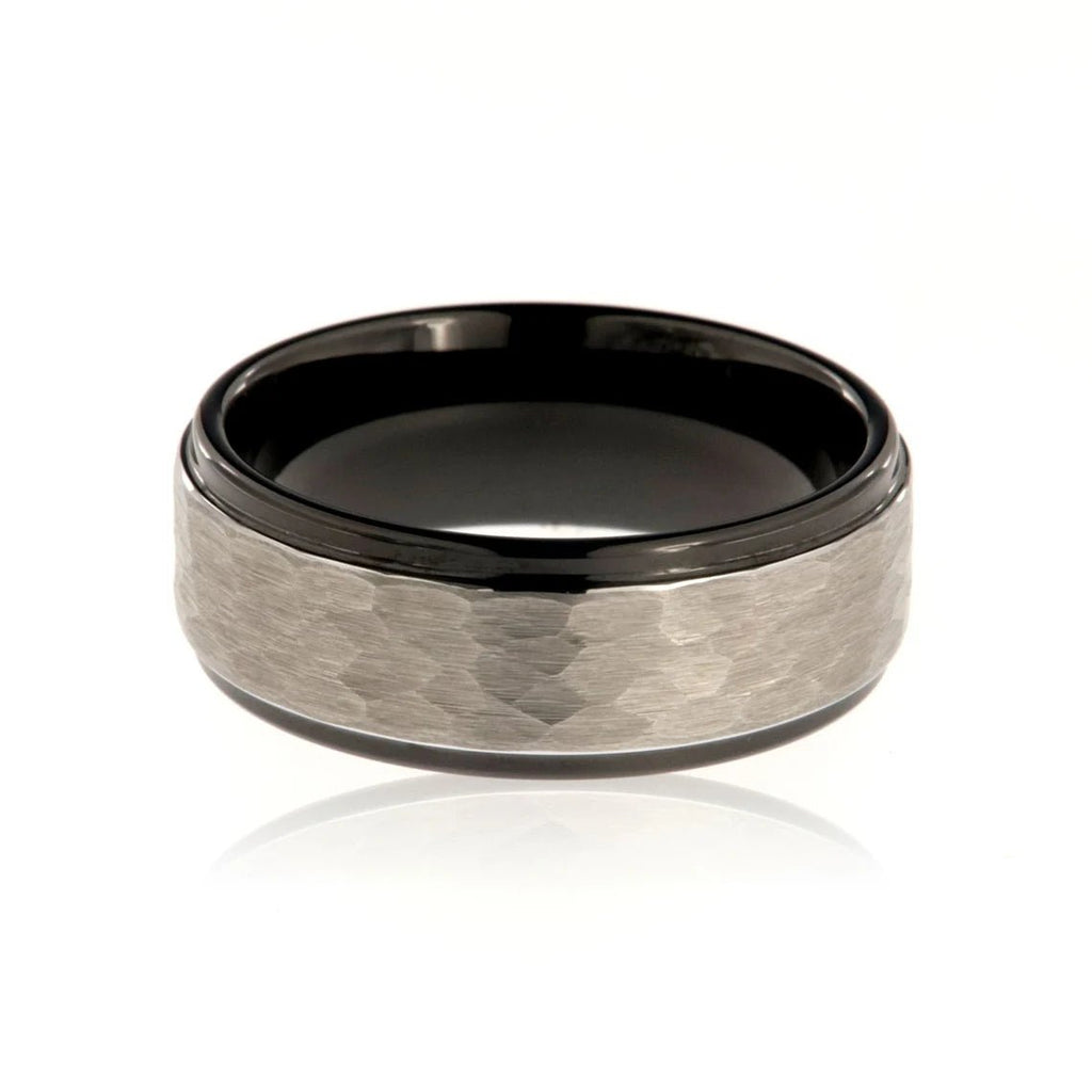 8mm Heavy Tungsten Carbide, Two Tone Men's Ring With Hammered Finish - FREE Personalization